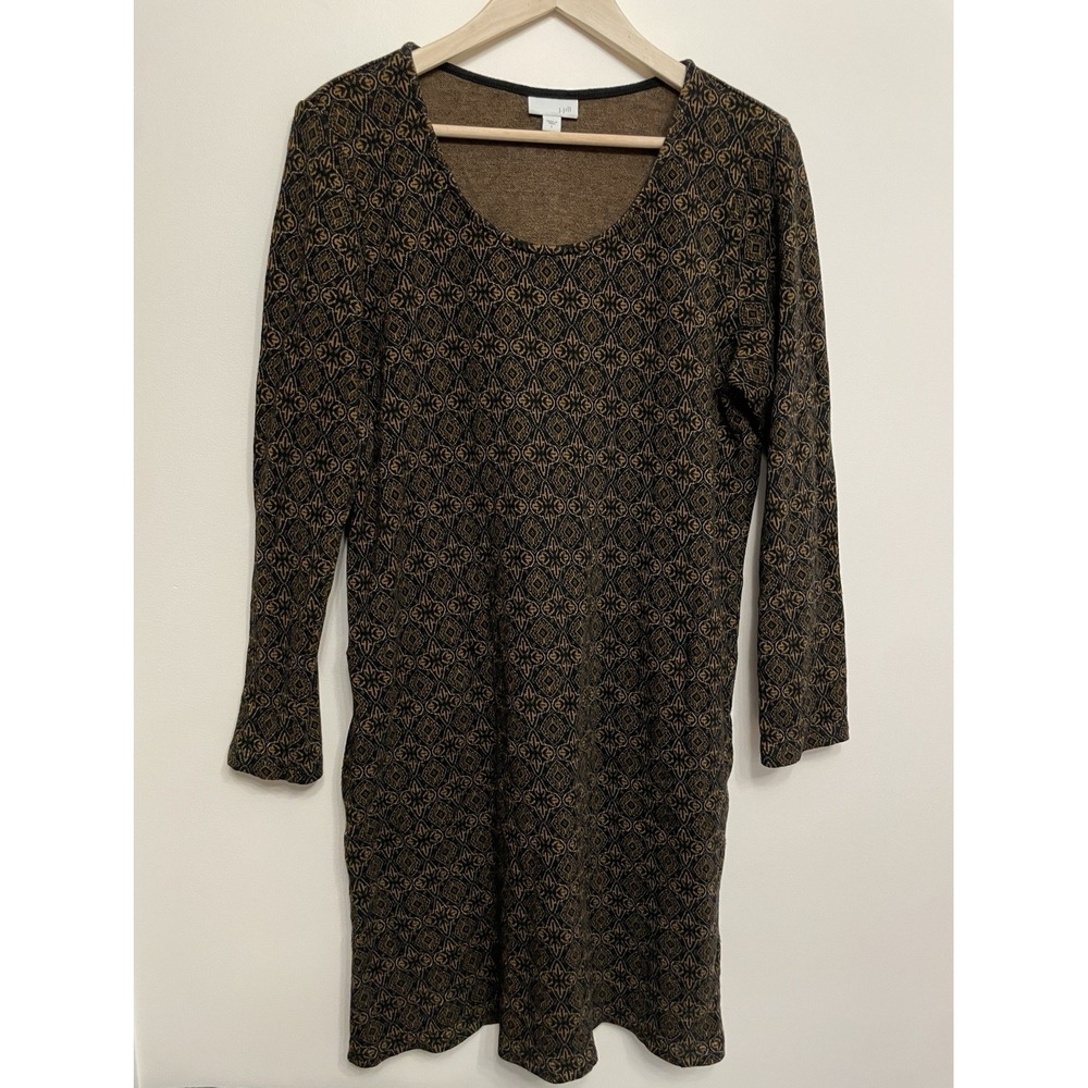 J. Jill Knit Sheath Dress Women Large Black Gold Long Sleeve Knee Length Office